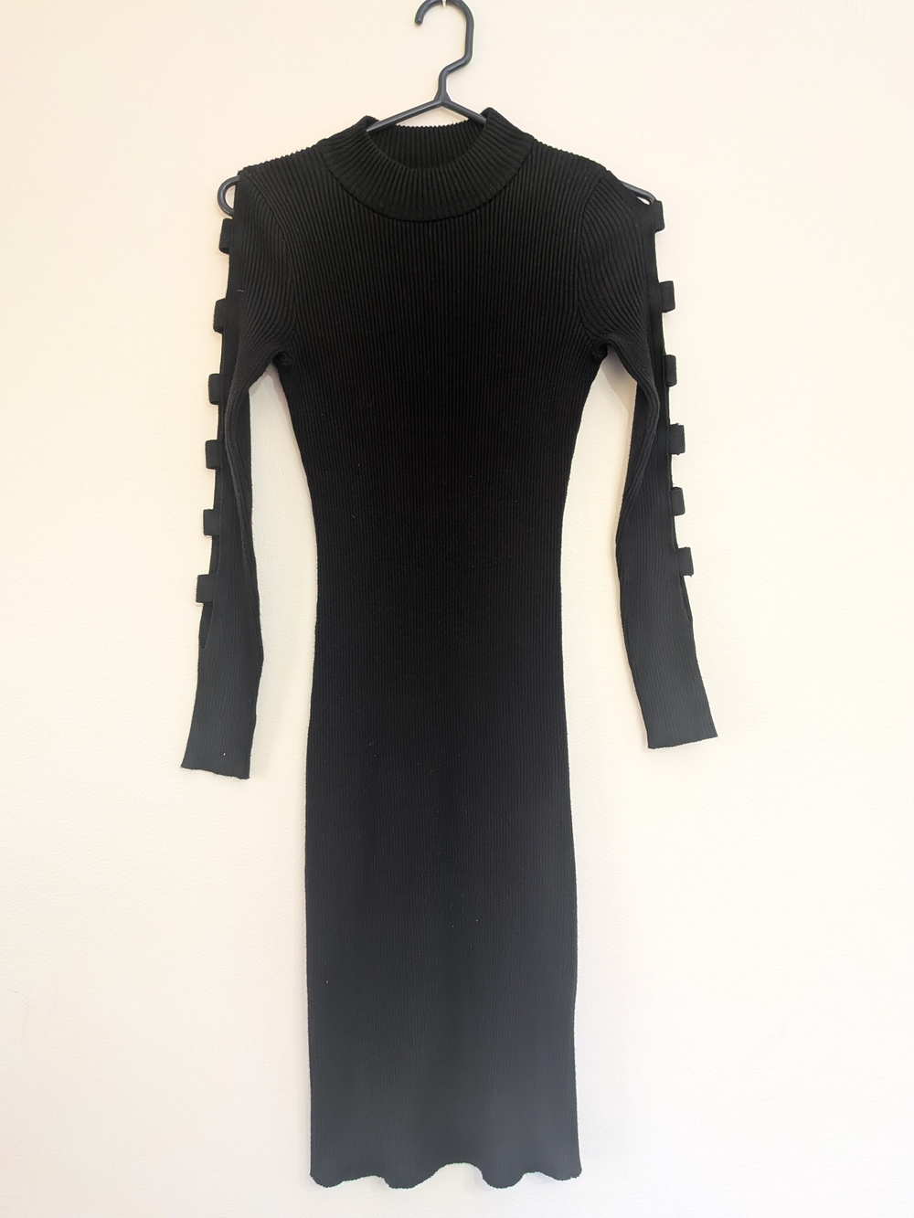 Ashley Stewart Chic Black Ribbed Long Sleeve Dress with Side Tab Cutouts